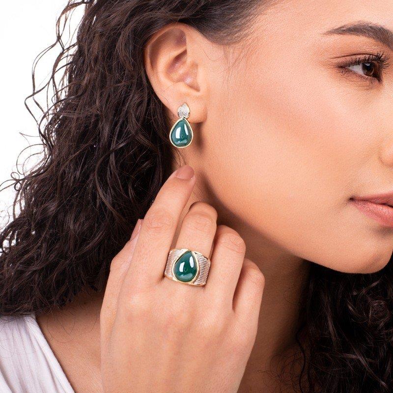 Brinco Possebon Folheado a Ouro e Ródio Branco - Pedra Natural