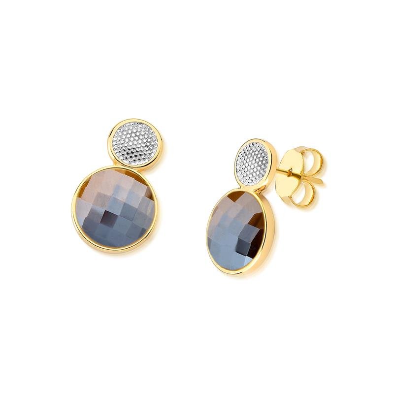Brinco Brilhato Facetada Perolada 2,4 cm — Ouro e Ródio Branco — Olho de Tigre Perolada