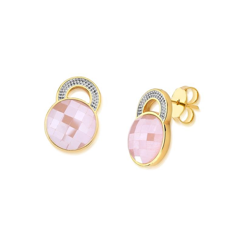 Brinco Brilhato Facetada Perolada 2,1 cm — Ouro e Ródio Branco — Quartzo Rosa Perolada