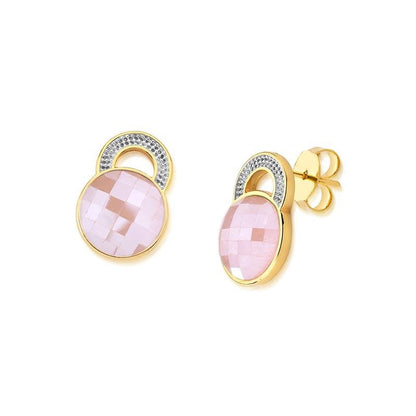 Brinco Brilhato Facetada Perolada 2,1 cm — Ouro e Ródio Branco — Quartzo Rosa Perolada