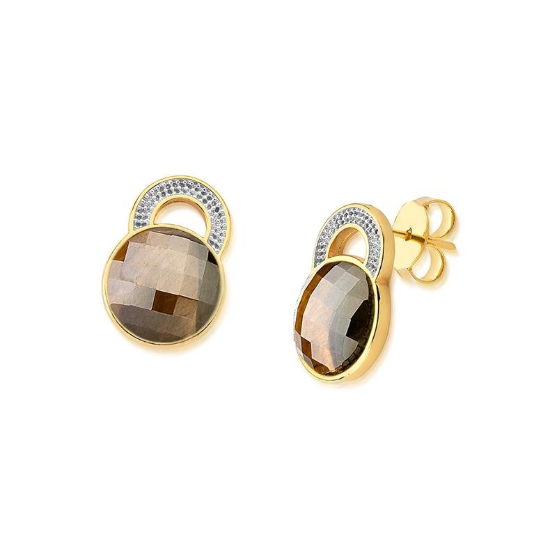 Brinco Brilhato Facetada Perolada 2,1 cm — Ouro e Ródio Branco — Olho de Tigre Perolada