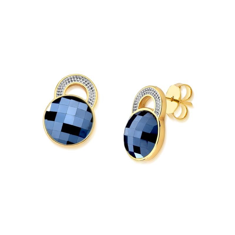 Brinco Brilhato Facetada Perolada 2,1 cm — Ouro e Ródio Branco — Ágata Preta Perolada