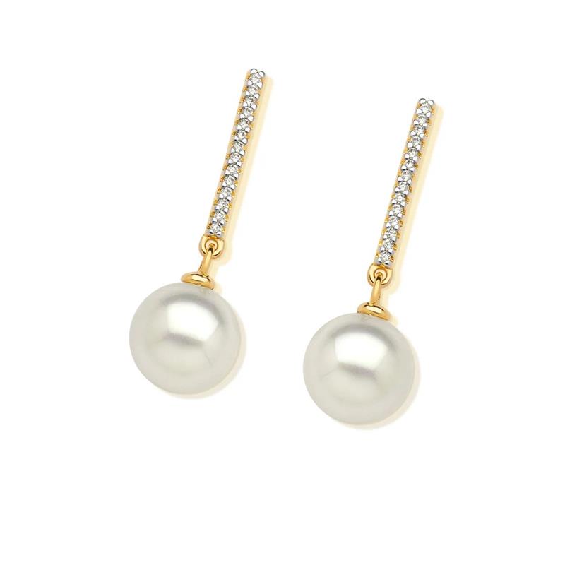 Brinco folheado a ouro e ródio branco com pérola shell branca — Coleção Pérolas