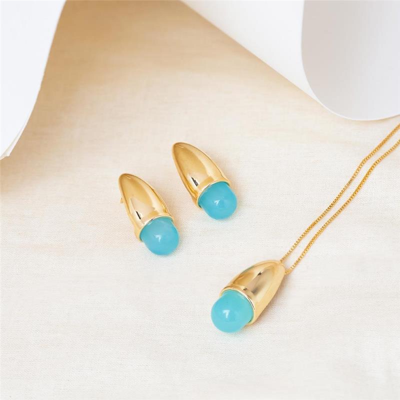 Conjunto Brilhato Pedras Naturais Brasileiras — Folheado a Ouro — QUARTZO VERDE