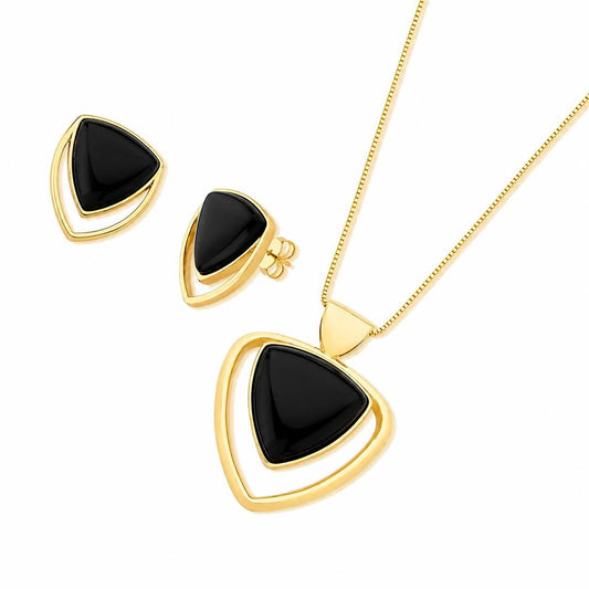Conjunto Brilhato Pedras Naturais Brasileiras — Folheado a Ouro — OBSIDIANA