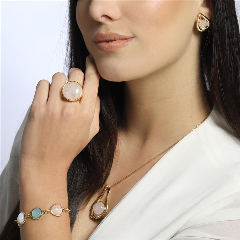 Conjunto Brilhato Pedras Naturais Brasileiras — Folheado a Ouro — QUARTZO ROSA