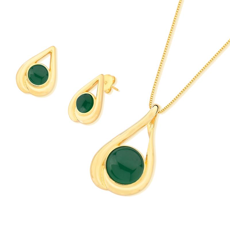 Conjunto Brilhato Pedras Naturais Brasileiras — Folheado a Ouro — OPALINA