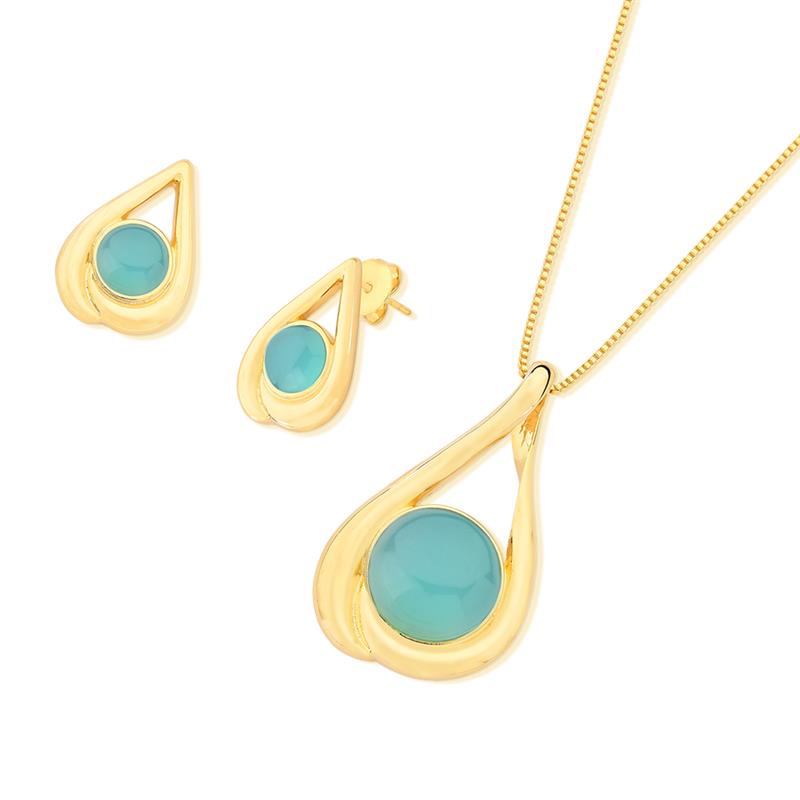 Conjunto Brilhato Pedras Naturais Brasileiras — Folheado a Ouro — HOWLITA