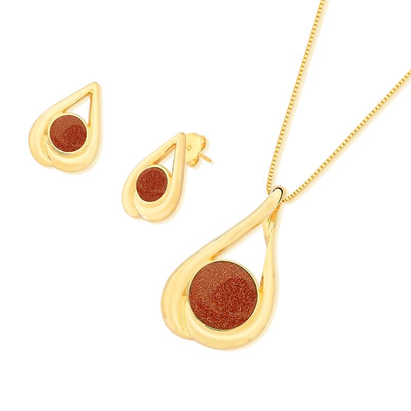 Conjunto Brilhato Pedras Naturais Brasileiras — Folheado a Ouro — OBSIDIANA