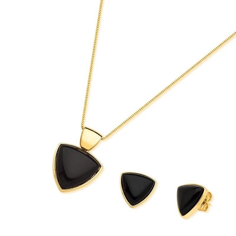 Conjunto Brilhato Pedras Naturais Brasileiras — Folheado a Ouro — OBSIDIANA