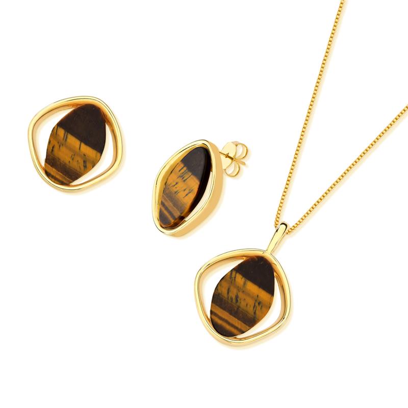 Conjunto Brilhato Pedras Naturais Brasileiras — Folheado a Ouro