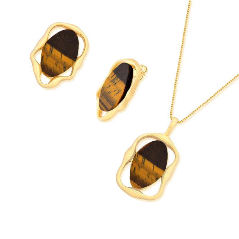 Conjunto Brilhato Pedras Naturais Brasileiras — Folheado a Ouro