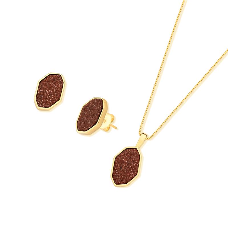 Conjunto Brilhato Pedras Naturais Brasileiras — Folheado a Ouro