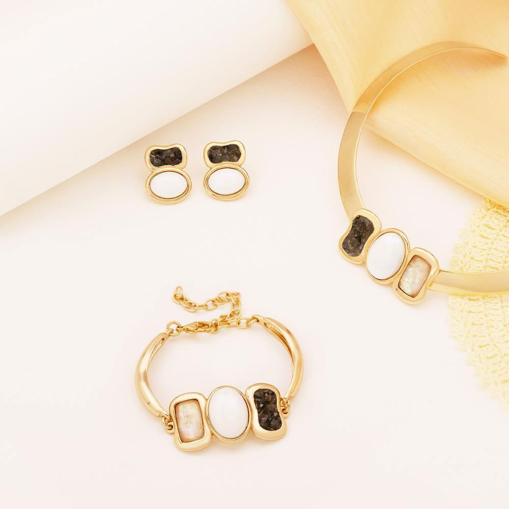 Conjunto Possebon Folheado a Ouro - Pedra Natural