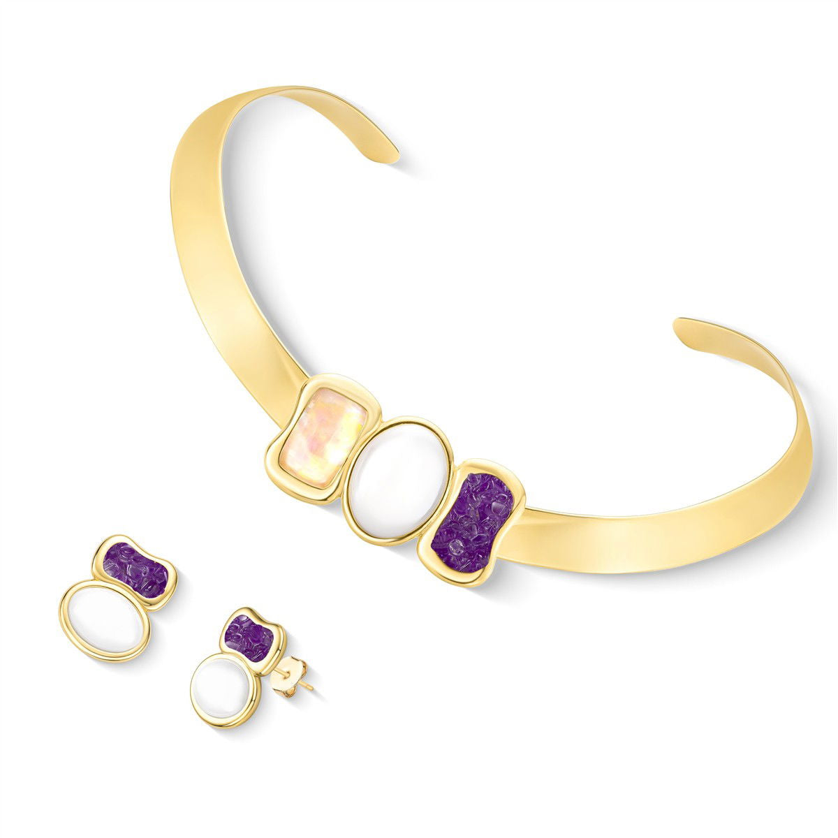 Conjunto Possebon Folheado a Ouro - Pedra Natural