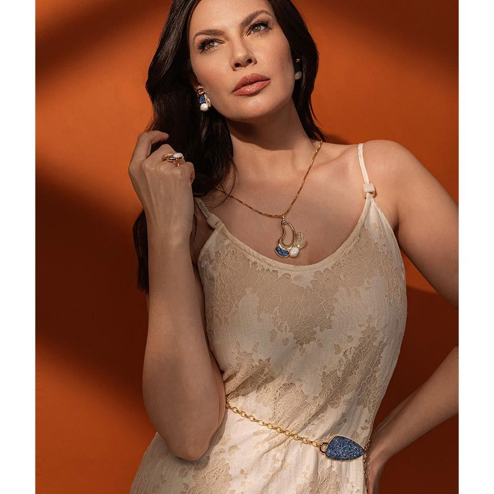 Conjunto Possebon Folheado a Ouro - Pedra Natural