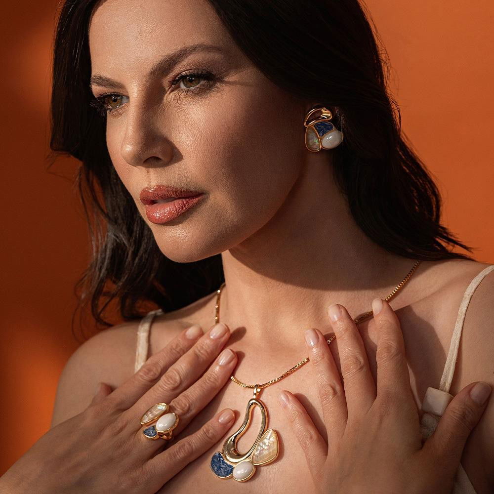 Conjunto Possebon Folheado a Ouro - Pedra Natural