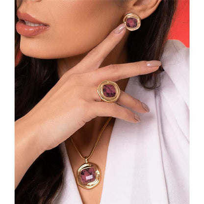 Conjunto Brilhato Pedras Naturais Brasileiras — Folheado a Ouro Rodonita