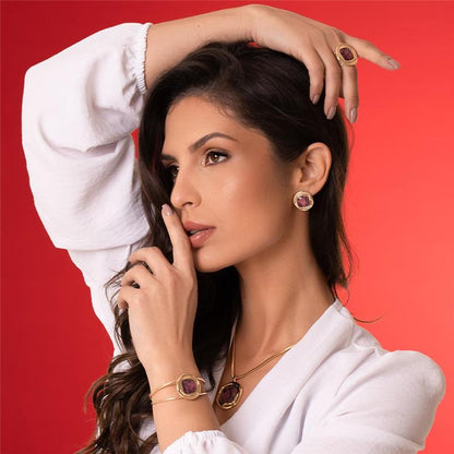 Conjunto Brilhato Pedras Naturais Brasileiras — Folheado a Ouro Rodonita