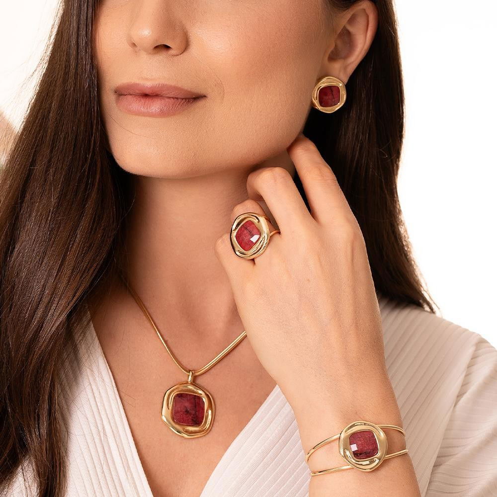 Conjunto Brilhato Pedras Naturais Brasileiras — Folheado a Ouro Rodonita