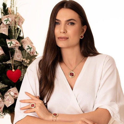 Conjunto Brilhato Pedras Naturais Brasileiras — Folheado a Ouro Rodonita