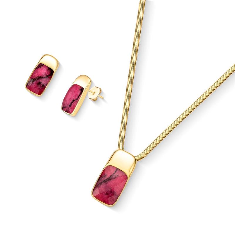 Conjunto Possebon Folheado a Ouro - Pedra Natural Rodonita