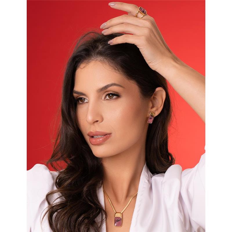 Conjunto Possebon Folheado a Ouro - Pedra Natural Rodonita