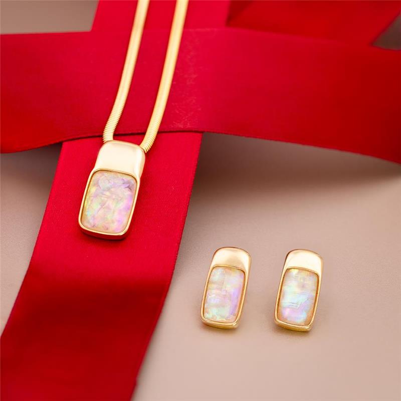 Conjunto Possebon Folheado a Ouro - Pedra Natural Rodonita