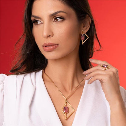 Conjunto Brilhato Pedras Naturais Brasileiras — Folheado a Ouro