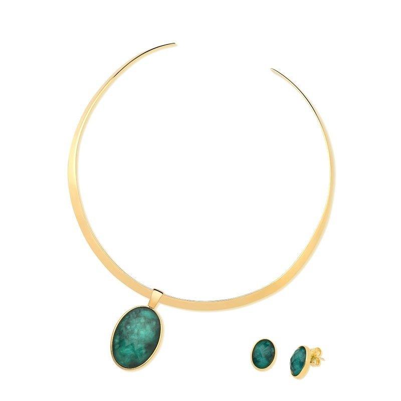 Conjunto Brilhato Pedras Naturais Brasileiras — Folheado a Ouro — HEMATITA