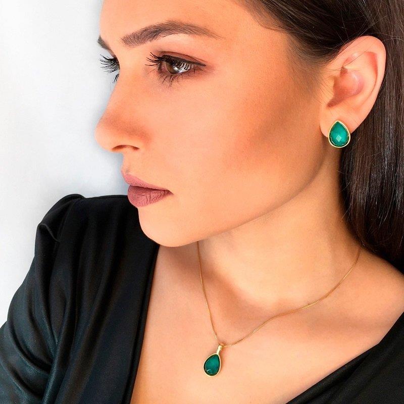 Conjunto Brilhato Pedras Naturais Brasileiras — Folheado a Ouro — HEMATITA