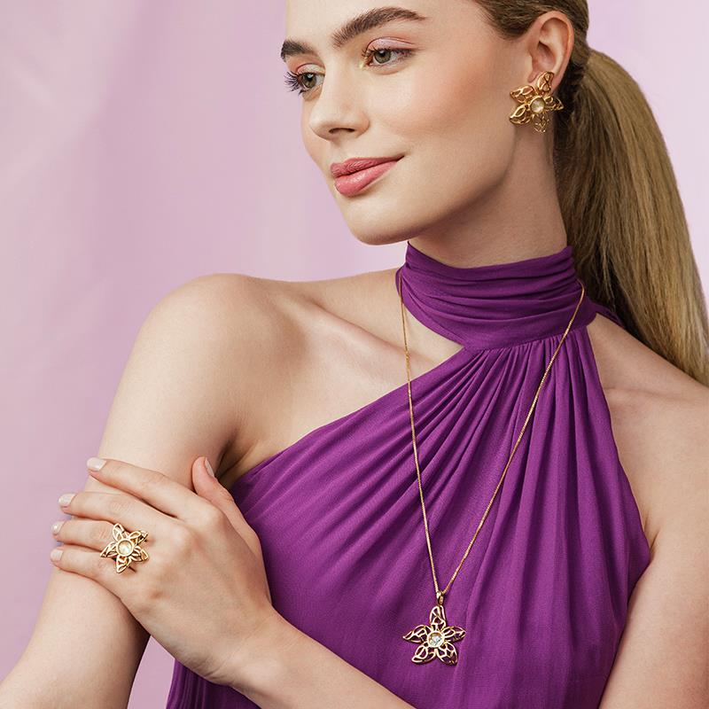 Conjunto Possebon Folheado a Ouro - Pedra Natural