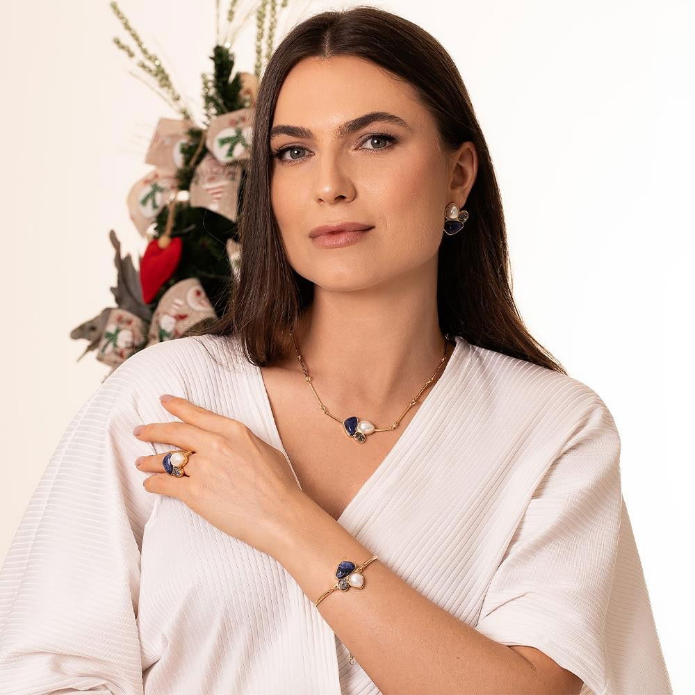 Conjunto Brilhato Pedras Naturais Brasileiras — Folheado a Ouro