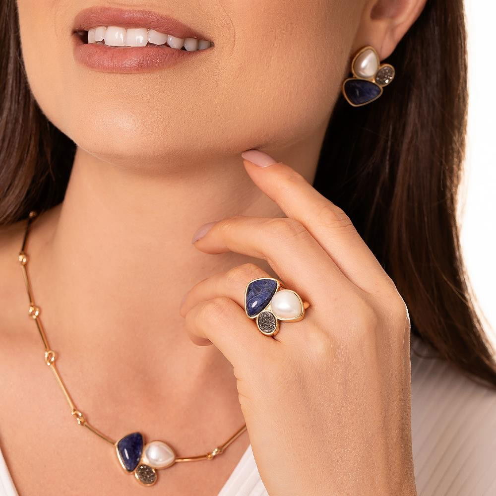 Conjunto Brilhato Pedras Naturais Brasileiras — Folheado a Ouro