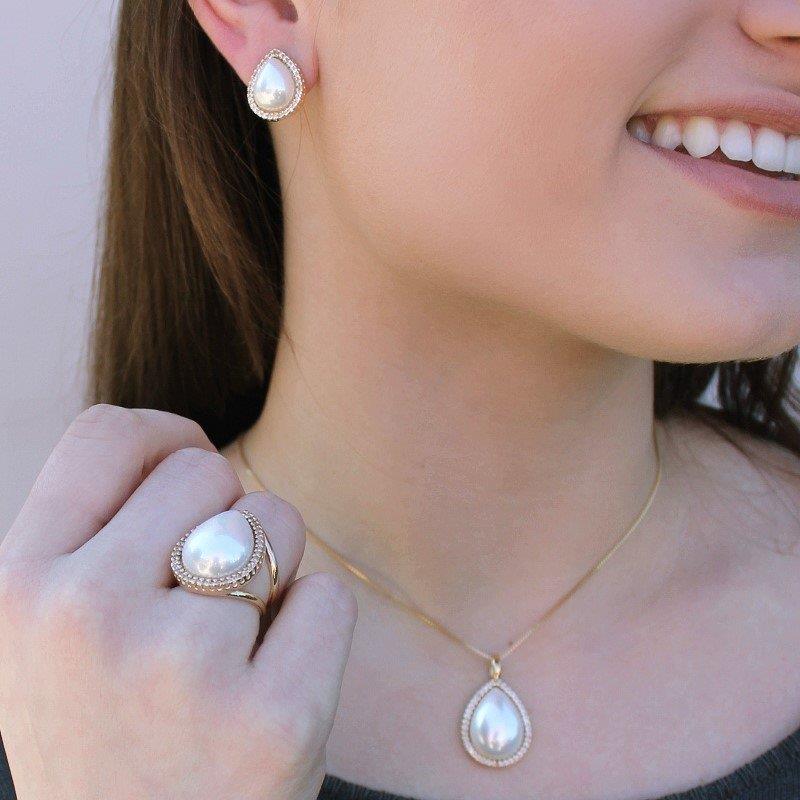Conjunto Brilhato folheado a ouro com pérolas shell — Coleção Pérolas, referência 030250502