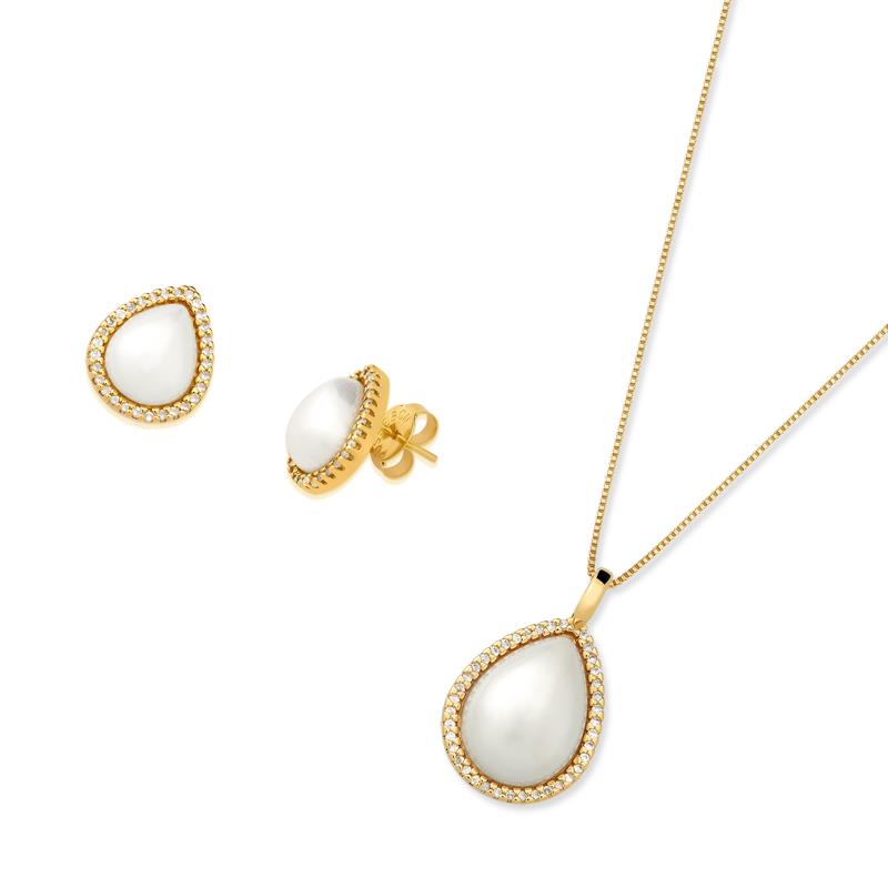 Conjunto Brilhato folheado a ouro com pérolas shell — Coleção Pérolas, referência 030250502