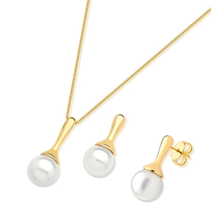 Conjunto Brilhato folheado a ouro com pérola shell branca — Coleção Pérolas, referência 030250885