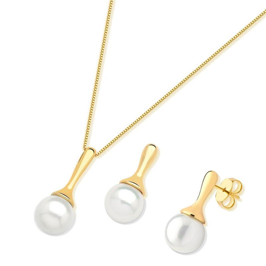 Conjunto Brilhato folheado a ouro com pérola shell branca — Coleção Pérolas, referência 030250885