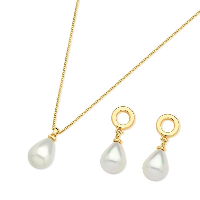 Conjunto Brilhato folheado a ouro com pérolas shell em gota — Coleção Pérolas, referência 030250886