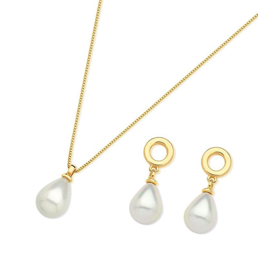 Conjunto Brilhato folheado a ouro com pérolas shell em gota — Coleção Pérolas, referência 030250886
