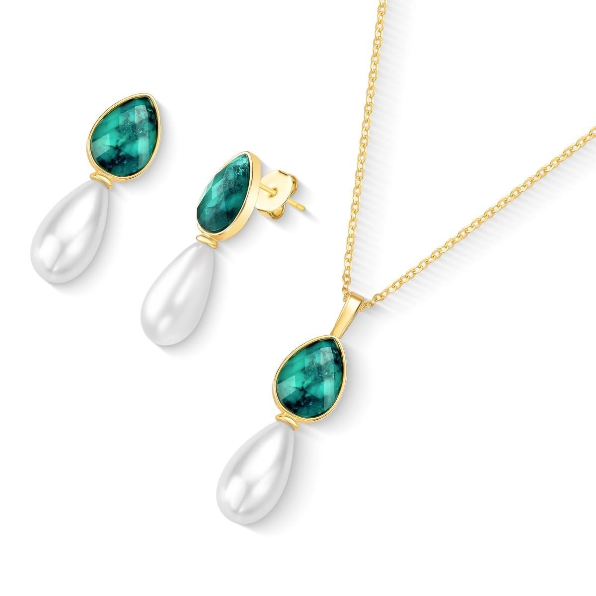 Conjunto folheado a ouro pérola shell branca e esmeralda Coleção Preciosa