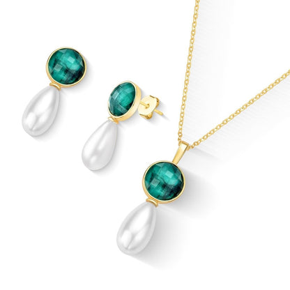 Conjunto folheado a ouro pérola shell branca e esmeralda Coleção Preciosa