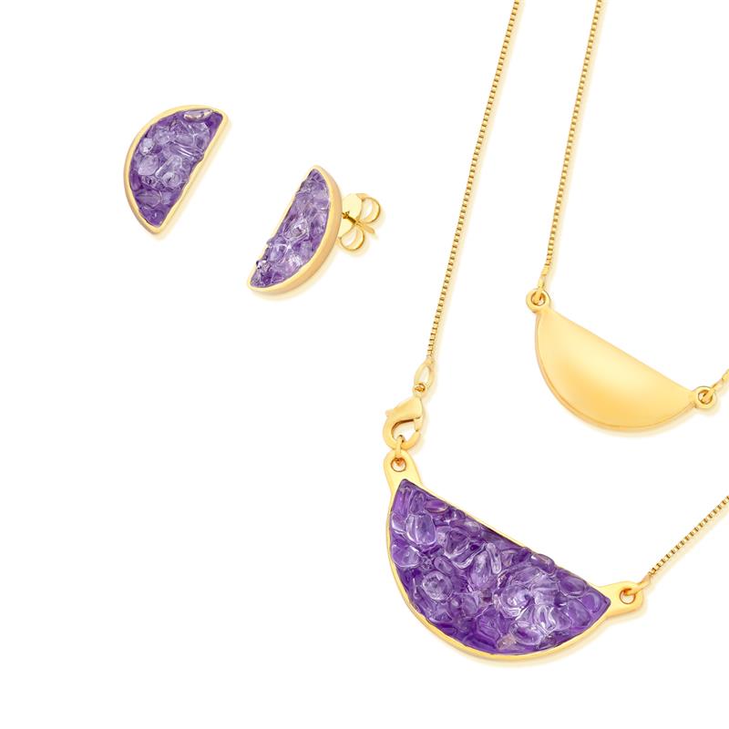 Conjunto Brilhato Pedras Naturais Brasileiras — Folheado a Ouro