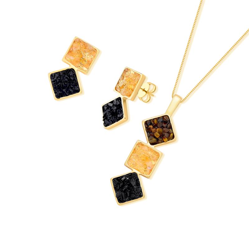 Conjunto Brilhato Pedras Naturais Brasileiras — Folheado a Ouro