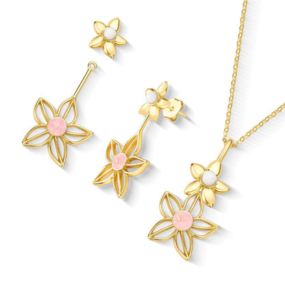 Conjunto Brilhato Florir folheado a ouro com quartzo rosa e porcelana