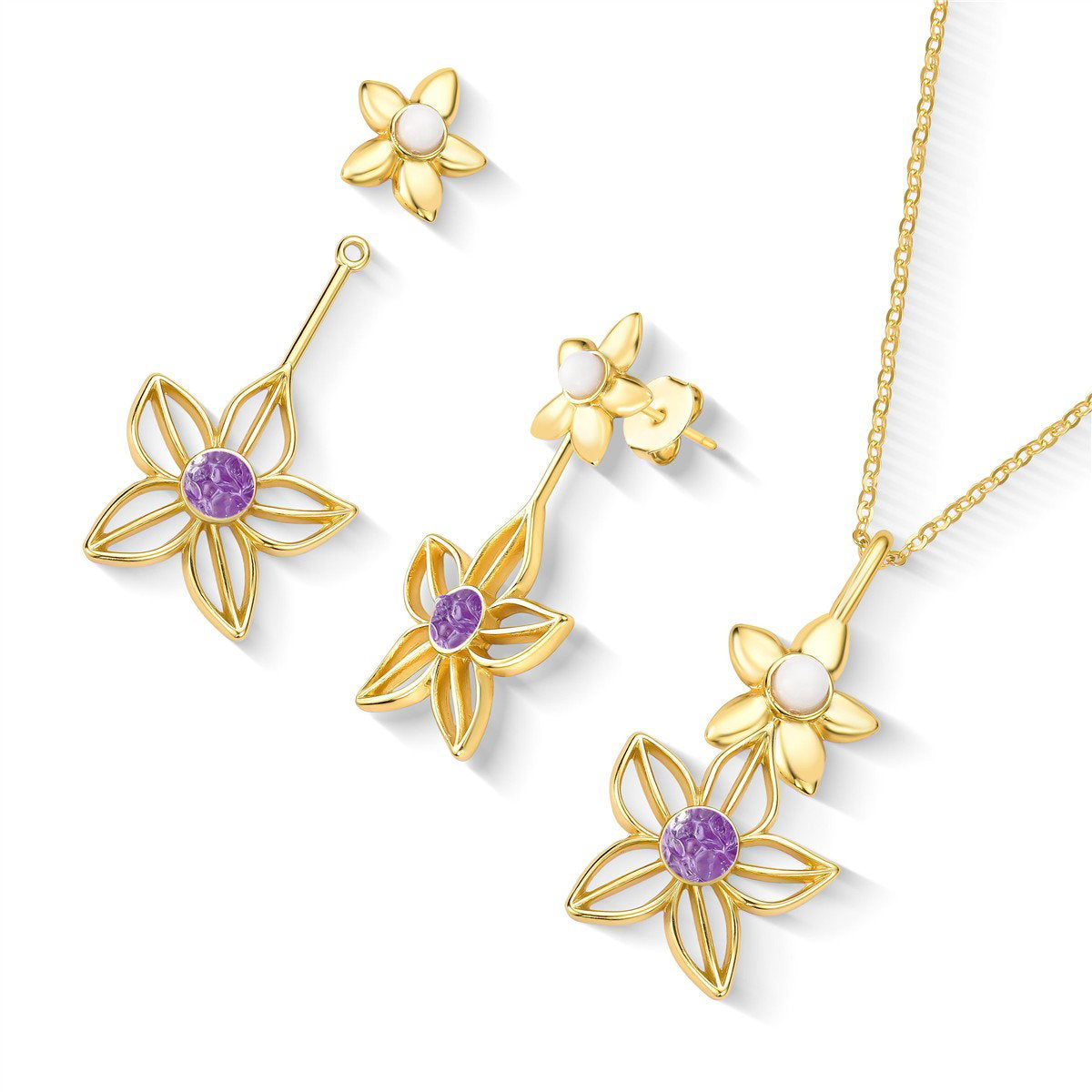 Conjunto Brilhato Florir folheado a ouro com ametista e porcelana