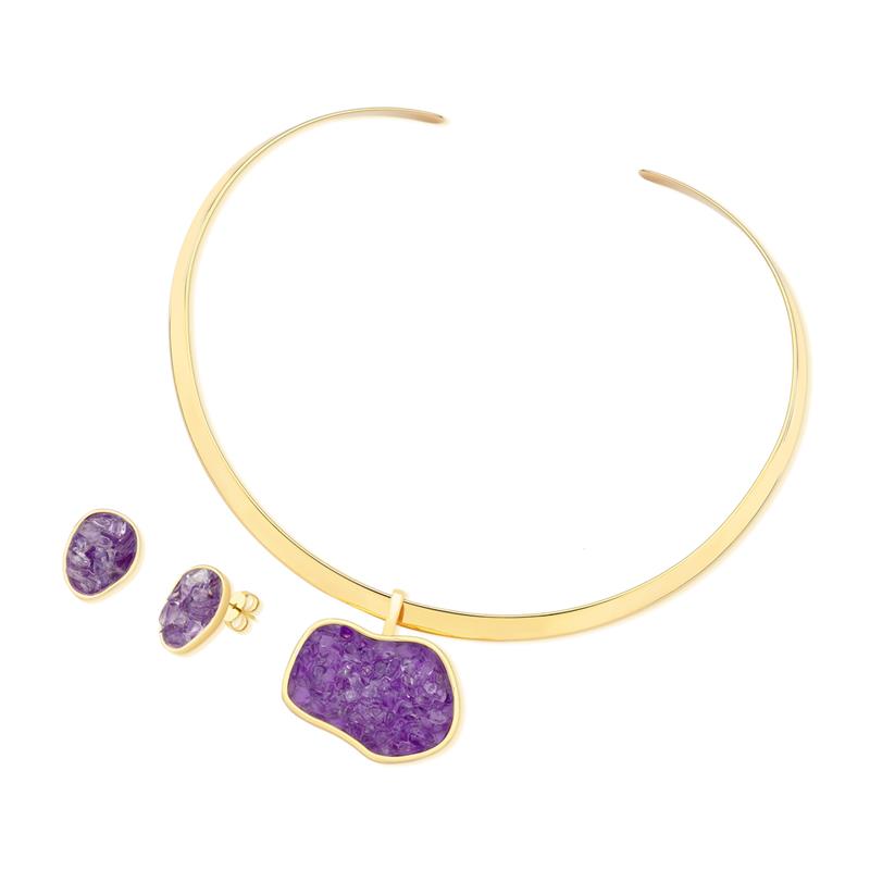 Conjunto Brilhato Pedras Naturais Brasileiras — Folheado a Ouro