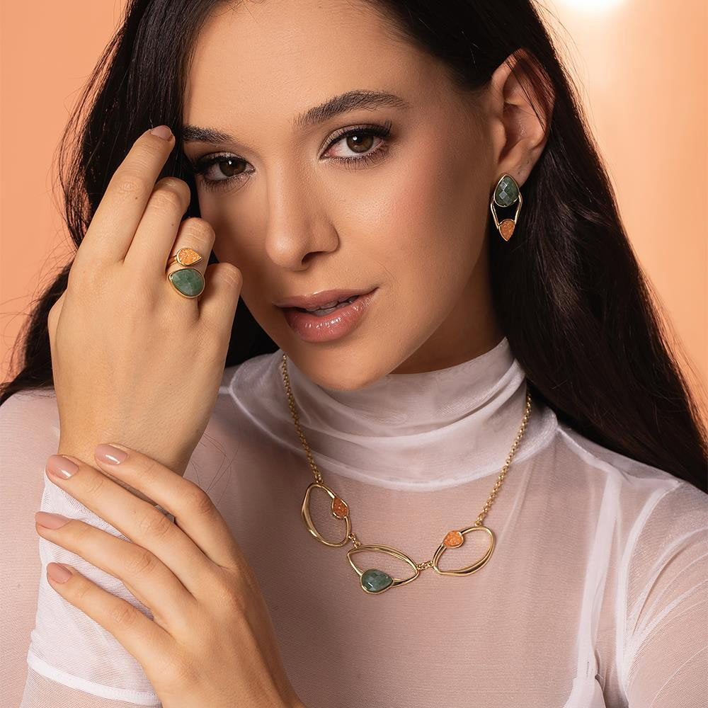 Conjunto Brilhato Pedras Naturais Brasileiras — Folheado a Ouro