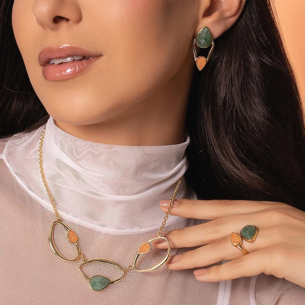 Conjunto Brilhato Pedras Naturais Brasileiras — Folheado a Ouro