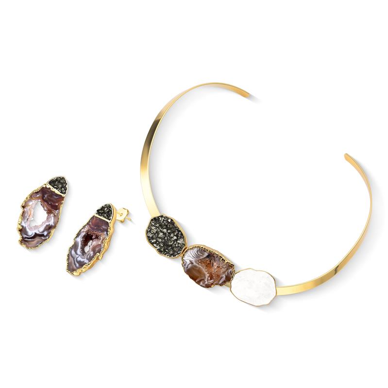 Conjunto Brilhato Pedras Naturais Brasileiras — Folheado a Ouro